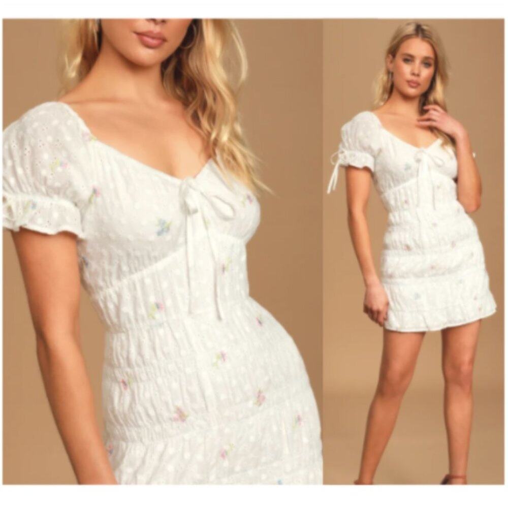 Lulu's Live In Sunshine White Floral Eyelet Lace Smocked Mini Dress